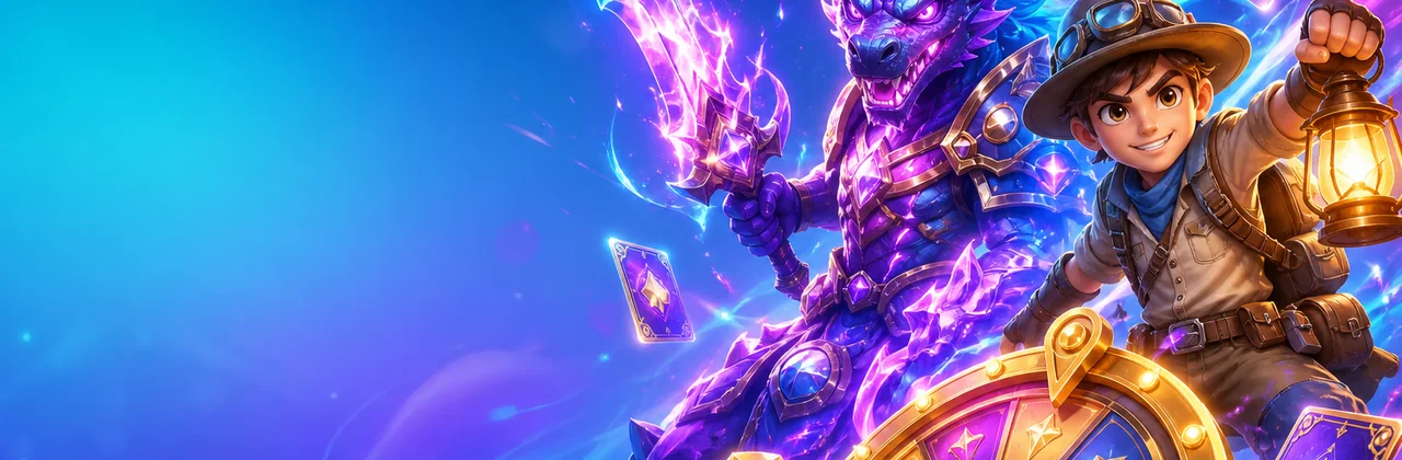 Banner kho game với rồng neon, bánh xe sao và tinh thể phát sáng