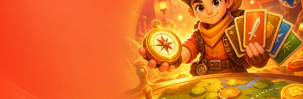Banner bí kíp chơi với la bàn, thẻ chiến thuật và bàn game