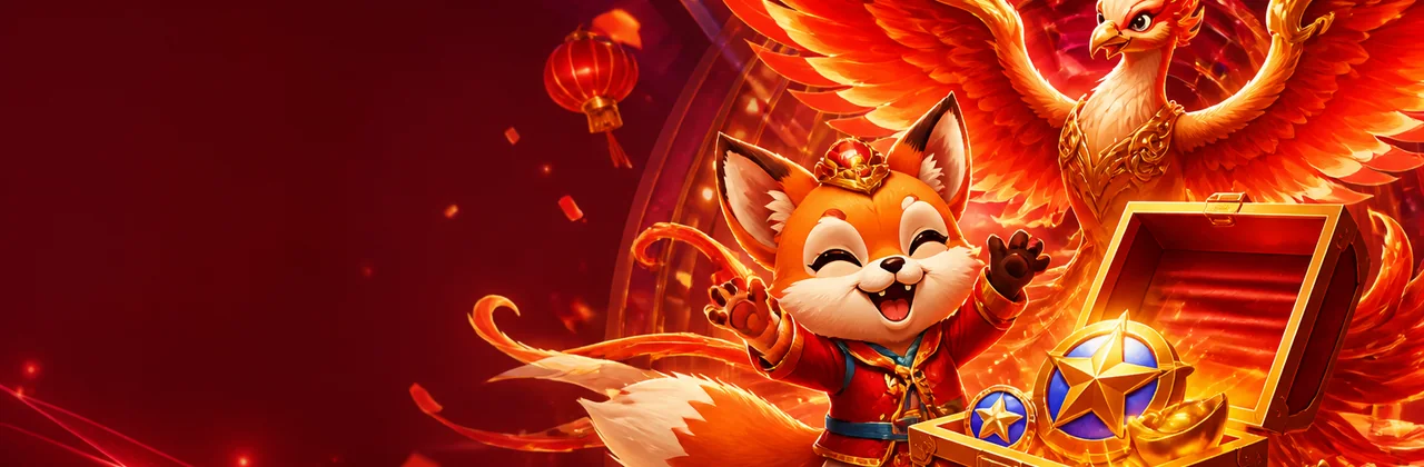 Banner sự kiện với cáo vui, phượng hoàng và rương quà